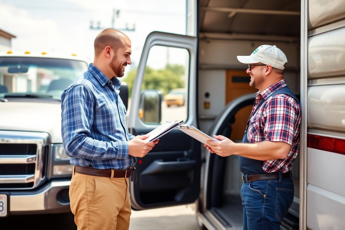 Speedy Car Logistics dispatcher reviewing a bill of lading with a customer beside a car hauler